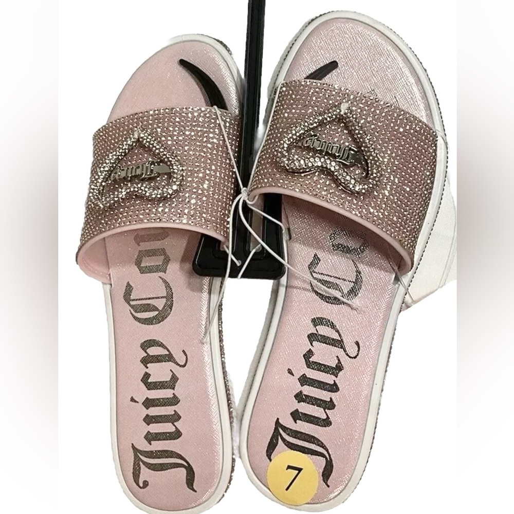 JUICY COUTURE YOUR LOVE PINK BLUSH RHINESTONES BLING SLIDES SANDAL Size 7 NWT